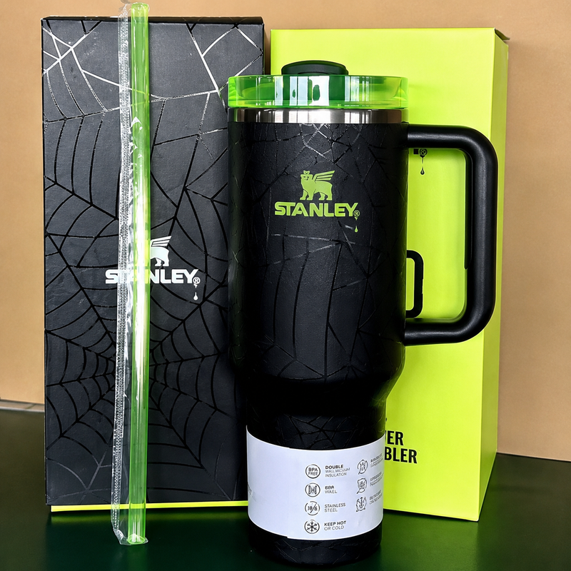 40oz Insulated Tumbler with Handle & Straw – Black Spider Web Design with Neon Green Lid (Gift Box Included)