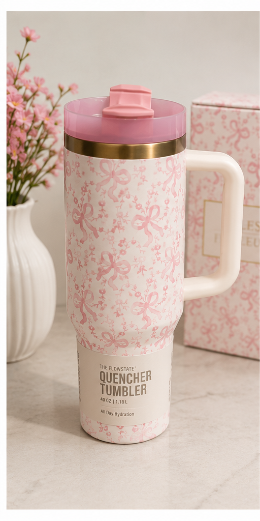 40oz Pink Floral Insulated Travel Tumbler with Handle & Reusable Straw