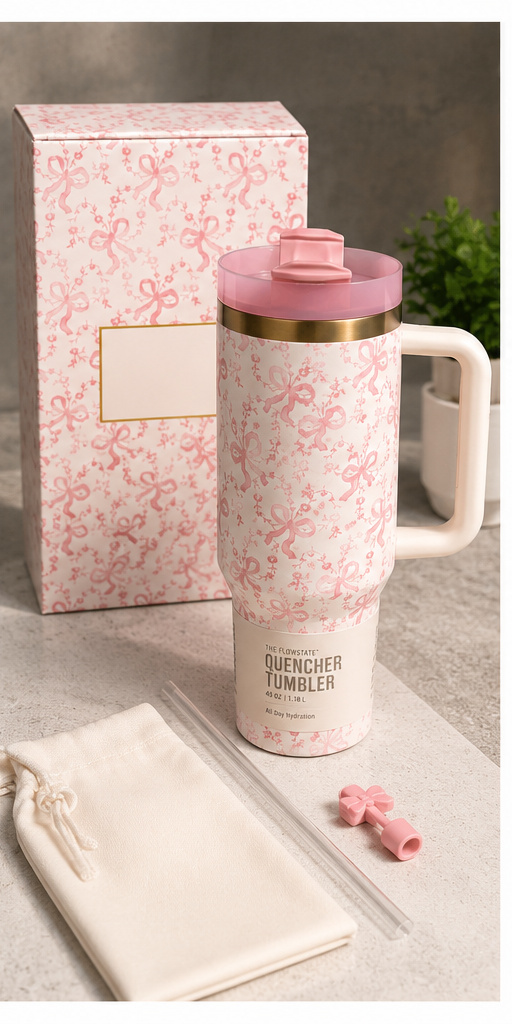 40oz Pink Floral Insulated Travel Tumbler with Handle & Reusable Straw